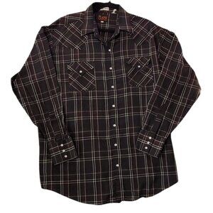 Plains Vintage Western Wear Shirt Mens XLT Long Sleeve Pearl Snap Black Plaid